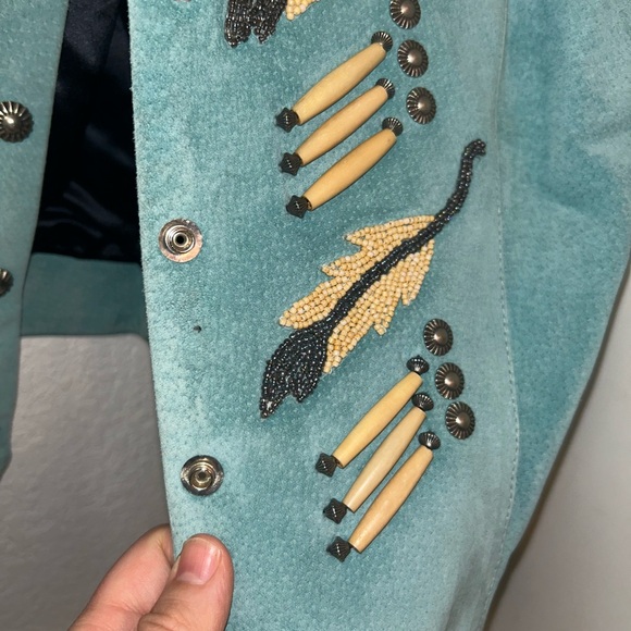 Vintage 💯 Suede Embellished Beaded Military Style Jacket Tiffany Blue SZ: Large - Picture 8 of 16